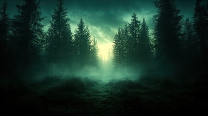 Fototapeta premium Mysterious foggy forest path at night with tall dark trees and a hazy moon.