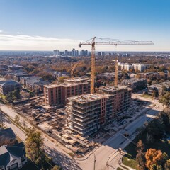 Obraz premium Aerial view of apartment construction site with cranes and residential buildings in the background