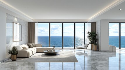 Fototapeta premium Modern luxury apartment living room with ocean view.