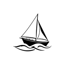 Stylized Black and White Boat Icon: Sailboat Sailing on Waves