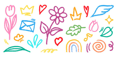 Crayon Pencil Colorful Squiggles Vector Set. Chalk Scribble Graffiti Shapes Collection. Color Hand Drawn Brush Texture Hearts, Flowers Stars and Crown Squiggles. Pencil Childish Girly Charcoal Doodles