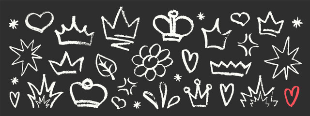 Crayon Pencil Blackboard Squiggles Vector Set. Chalk Scribble Graffiti Shapes Collection. Hand Drawn Brush Texture Hearts, Flowers Stars and Crown Squiggles. Pencil Childish Girly Charcoal Doodles