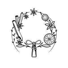 Floral wreath of spices surrounded by leaves
            Keywords: wreath,
            cinnamon, cinnamon sticks, star anise, orange, lemons, herbs, natural,
            stylized, food, ingredient, sp