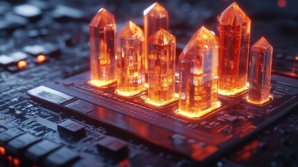A futuristic, glowing, transparent device with intricate circuitry and crystal-like structures on top, emitting a blue light. The device appears to be a high-tech artifact or a piece of advanced techn