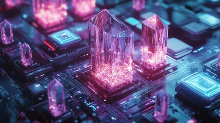 A futuristic, glowing, transparent device with intricate circuitry and crystal-like structures on top, emitting a blue light. The device appears to be a high-tech artifact or a piece of advanced techn