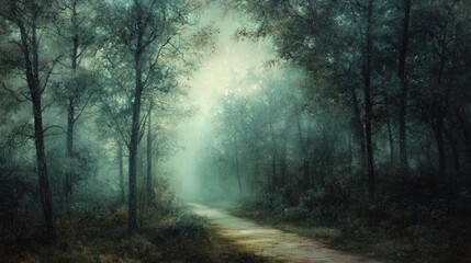 Obraz premium Serene Forest Path Through Misty Woods during Early Morning Light