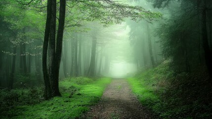 Naklejka premium Lush Green Forest Pathway Surrounded by Mist and Tranquility