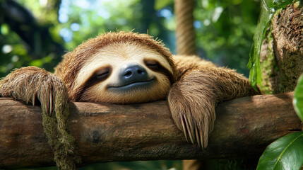Fototapeta premium Happy sloth, A high-fidelity photorealistic image of a sloth enjoying a scenic view, ideal for stock image use.