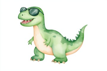 Fototapeta premium Watercolor dinosaur in sunglasses fun illustration kids art playful environment bright and cheerful concept, isolated on white background