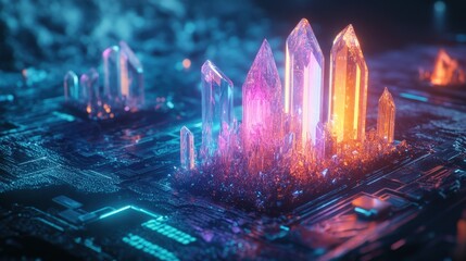 A futuristic, glowing, transparent device with intricate circuitry and crystal-like structures on top, emitting a blue light. The device appears to be a high-tech artifact or a piece of advanced techn