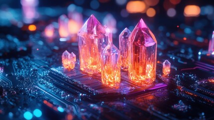 A futuristic, glowing, transparent device with intricate circuitry and crystal-like structures on top, emitting a blue light. The device appears to be a high-tech artifact or a piece of advanced techn