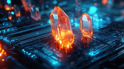 A futuristic, glowing, transparent device with intricate circuitry and crystal-like structures on top, emitting a blue light. The device appears to be a high-tech artifact or a piece of advanced techn