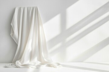 Minimalist clothing display featuring draped fabric against a bright neutral background in a softly lit setting. Generative AI