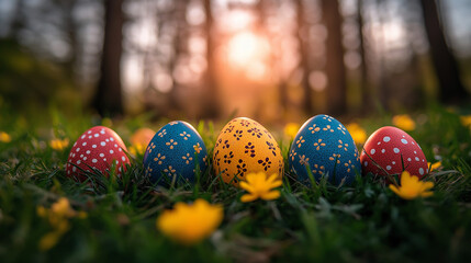 Colorful decorated eggs create a festive atmosphere in the forest at sunset during the joyful Easter celebration