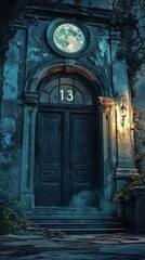 Fototapeta premium Mysterious Vintage Door with Moonlight and Eerie Atmosphere