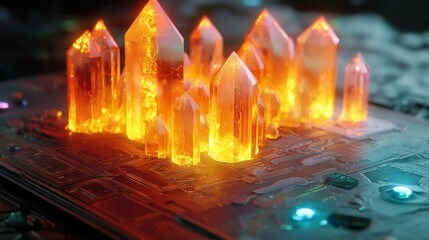 A futuristic, glowing, transparent device with intricate circuitry and crystal-like structures on top, emitting a blue light. The device appears to be a high-tech artifact or a piece of advanced techn