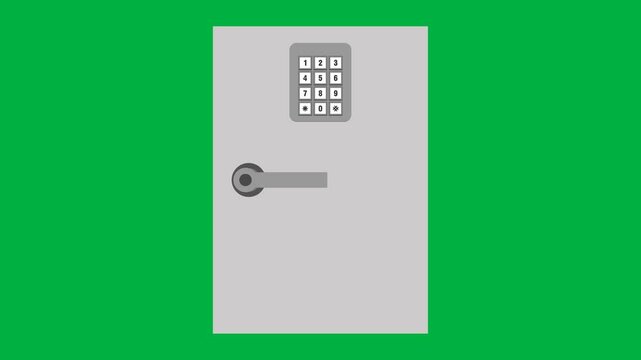 animated steel safe box opened with code button. animation video footage isolated on green screen background with and alpha channel(transparent)