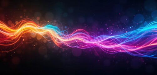 Abstract gradient light leak rainbow spectrum, vibrant colors, fluid motion, grainy noise texture on dark background, dreamy vintage nostalgic cinematic overlay music background design