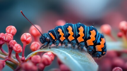 Naklejka premium Vibrant blue, orange, and black caterpillar crawling on a pink flower and leaf.