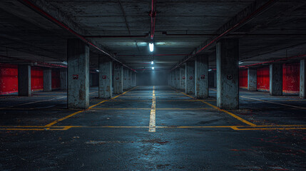 Naklejka premium Empty underground parking garage at night with dim lights and red walls
