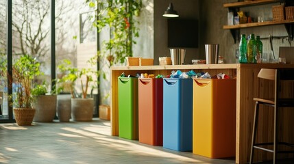A modern recycling station with multiple bins for sorting waste, arranged under a shelter. The area is surrounded by greenery, promoting an eco-friendly environment.