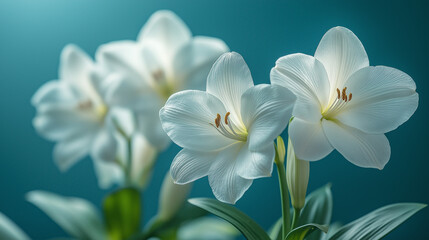 Naklejka premium Elegant white lilies bloom gracefully in soft light against a serene backdrop, showcasing natural beauty and delicate features