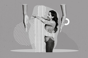 Composite collage photo artwork design of young satisfied sweetheart girl embracing love story...
