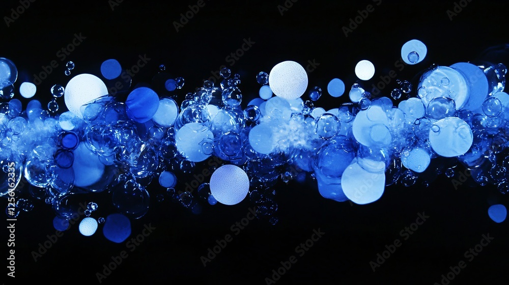 Wall mural an abstract composition of blue bubbles and spheres floating against a black background, creating a 