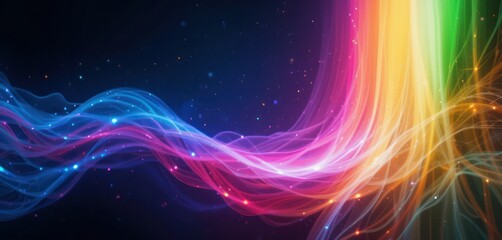 Abstract gradient light leak rainbow spectrum, vibrant colors, fluid motion, grainy noise texture on dark background, dreamy vintage nostalgic cinematic overlay music background design