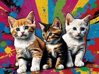 Three Cute Kittens on Colorful Abstract Background