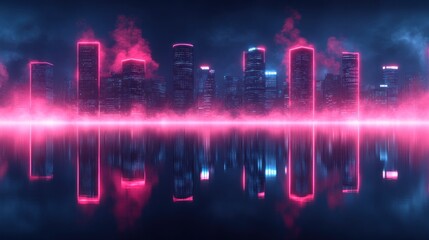 Cyberpunk cityscape reflected in water with pink neon glow and smoke.