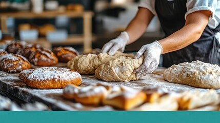 Baker's hands kneading dough, surrounded by freshly baked bread and pastries on a wooden table.