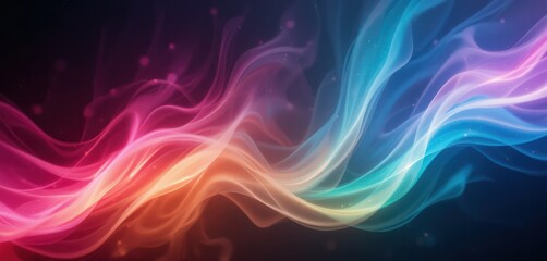 Abstract gradient light leak rainbow spectrum, vibrant colors, fluid motion, grainy noise texture on dark background, dreamy vintage nostalgic cinematic overlay music background design