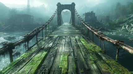Fototapeta premium Overgrown suspension bridge in a post-apocalyptic landscape.