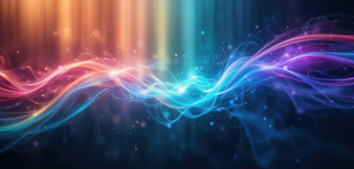 Abstract gradient light leak rainbow spectrum, vibrant colors, fluid motion, grainy noise texture on dark background, dreamy vintage nostalgic cinematic overlay music background design