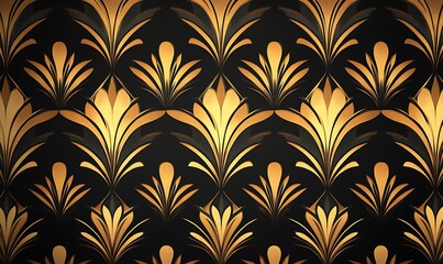 Elegant gold and black art deco floral pattern background.