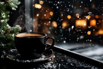 Steaming coffee on a snowy windowsill with spring blossoming beyond. Generative AI