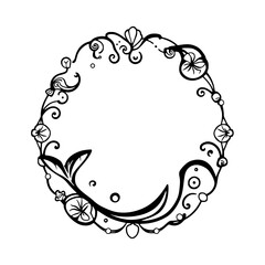 Ornate Black and White Floral Wreath: A circular design of intricate floral patterns and foliage, with delicate curves and swirls.