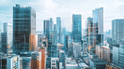 Obraz premium A cityscape with buildings shaped like computer components, representing the integration of technology into urban life.