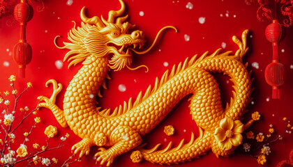 Fototapeta premium Decorative golden dragon with intricate details on a red background, surrounded by lanterns and blossoms.
