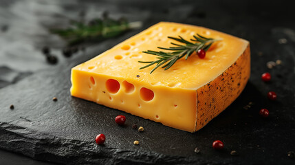 Delightful block of cheese garnished with herbs and spices creating an exquisite culinary presentation