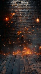Fototapeta premium A dramatic setting featuring a dark brick wall illuminated by warm, glowing lights with floating sparks and smoke effects.