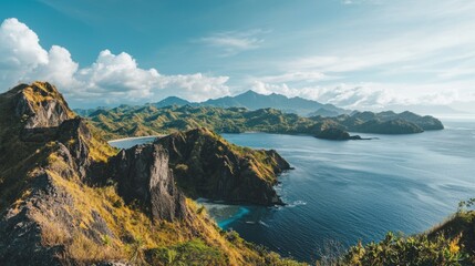 Fototapeta premium Serene Coastal Landscape with Lush Green Mountains and Calm Waters
