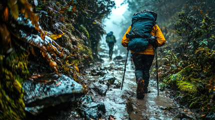 Two hikers navigating a muddy mountain trail in a misty forest during rainy weather