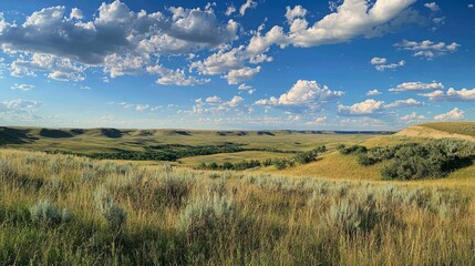 Fototapeta premium Panoramic View of Rolling Hills and Vibrant Blue Sky in Summer