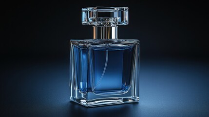 Elegant blue perfume bottle on dark background.