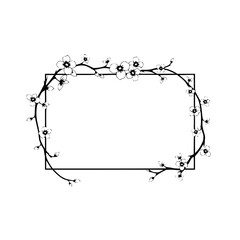 Delicate floral frame. Black and white graphic illustration of a rectangular frame with blossoms.
