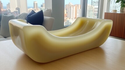 Creamy yellow modern sculptural bowl on a light wood table.