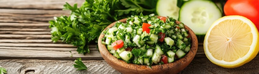 Fresh Tabbouleh salad in bowl, wood background. Healthy food recipe