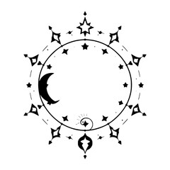 Black and white illustration of celestial elegance, featuring a crescent moon within a circular design, with stars and decorative elements.